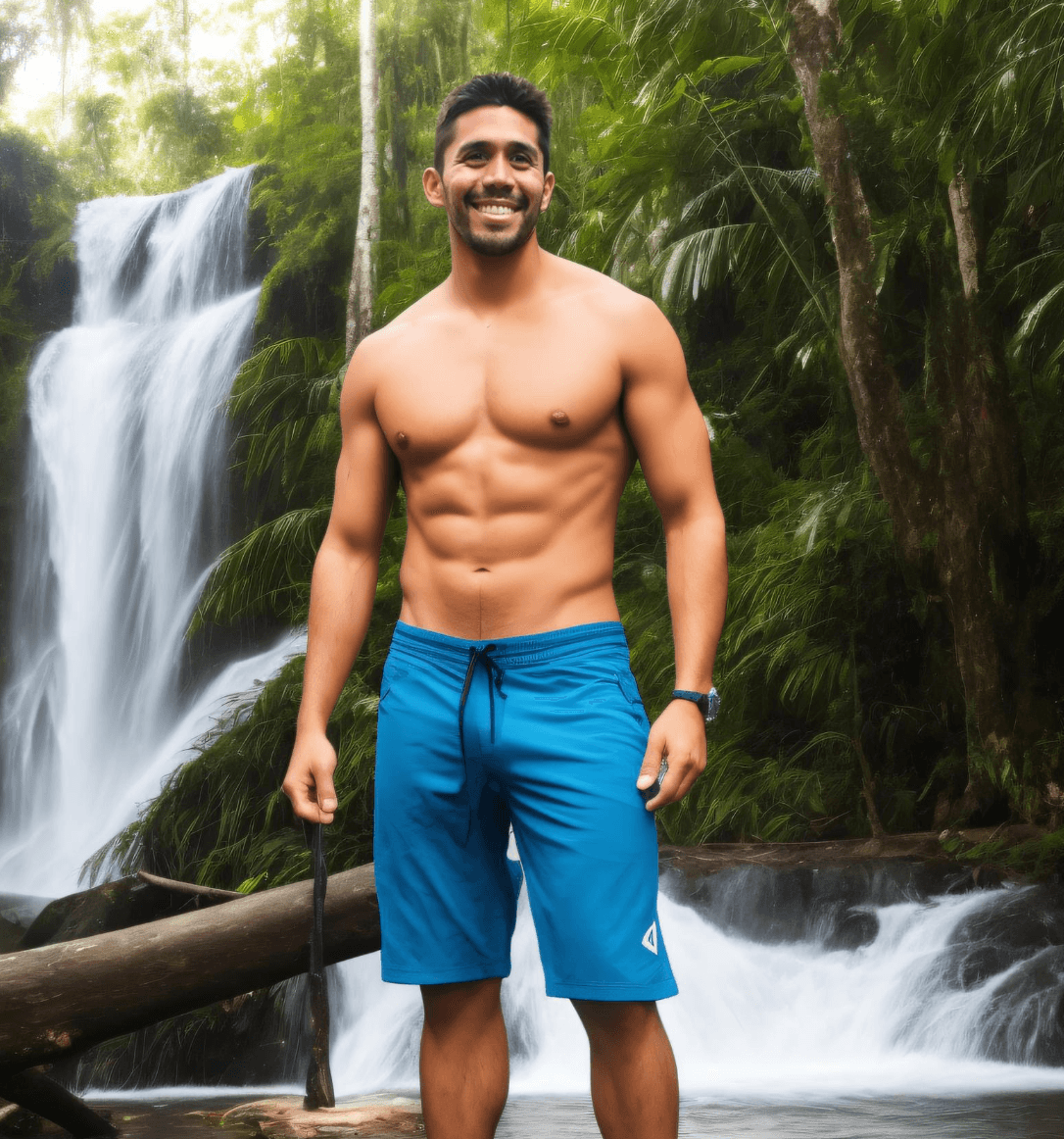 AI-generated full body photo of a model in an alluring jungle setting during golden hour